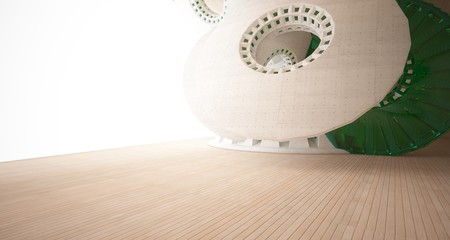 Abstract architectural background interior made of wood, concrete and glass. 3D illustration and rendering.