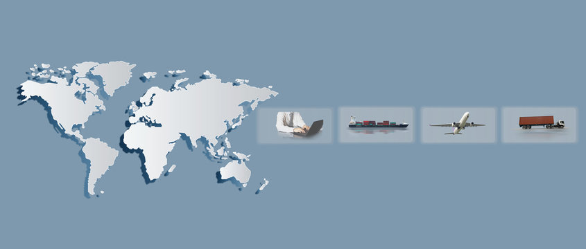 Abstract image of the world logistics, there are world map background and container truck, ship in port and airplane
