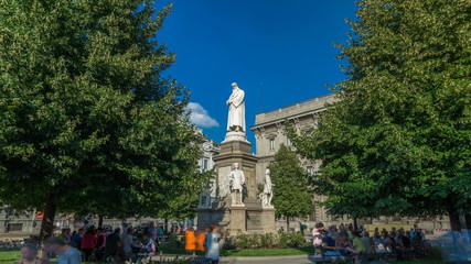 Monument to Leonardo da Vinci in Piazza della Scala meaning La Scala square timelapse  in Milan,...