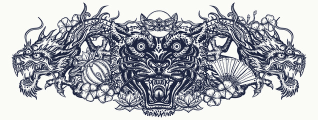 Dragons and tiger head. Traditional asian concept. Ancient China and Japan. Mythology and culture. Yakuza tattoo style