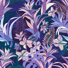 Seamless vector pattern lined tropical leaves and flowers ornament in violet and blue tones. Can be used for printing on paper, stickers, badges, bijouterie, cards, textiles. 