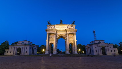 Fototapeta na wymiar Arch of Peace in Simplon Square day to night timelapse. It is a neoclassical triumph arch