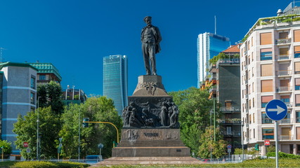 Obraz premium Statue of Giuseppe Verdi, in the front of Casa Verdi timelapse Milan, Italy