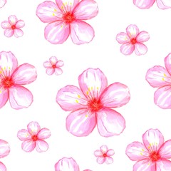 Simple light seamless floral pattern for spring season design. Delicate light pink flowers of sakura, cherry, different size on a white background. Holidays, flowering festival by the Hanami,fabric.