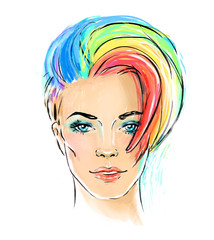 Portrait of a young pretty woman with short pixie haircut. Rainbow colored hair. LGBT concept. Sketchy style illustration isolated on white. Hand drawn art of a modern girl.