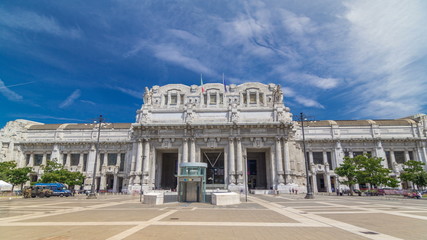 Fototapeta na wymiar Front view of Milan antique central railway station timelapse .