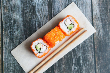 Fresh sushi rolls close up, top view