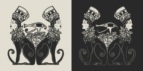 Ancient Egypt. Two black woman cats and sacred eye of god Horus. Queen Nefertiti. Princess Cleopatra. Template for clothes, covers, emblems, stickers, poster and t-shirt design. Typography art