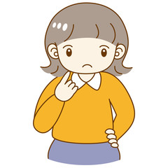 女の子　顔を指差す　考える　疑問