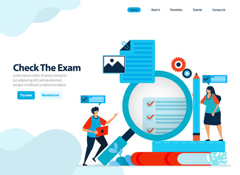 website design of checking exams and surveys, evaluating student exam results and learning effectiveness. Flat illustration for landing page template, ui ux, website, mobile app, flyer, brochure, ads