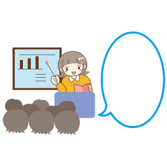 フキダシ付き　セミナー　説明会　会議　女性　講師　スクリーン