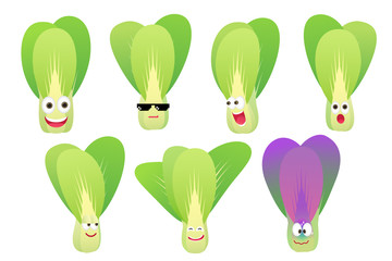 Naklejka premium Set of funny Bok choy or Chinese cabbage character isolated on white background. Vector cartoon faces with various emotions.
