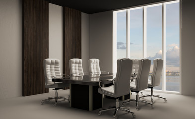 meeting room with a large window and wood paneling on the walls. Large table and office chairs.. 3D rendering.