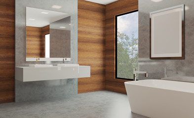 Bathroom with wood paneling on the walls. modern sink. marble floor. 3D rendering.. Blank paintings.  Mockup