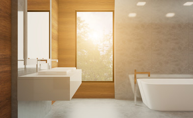 Fototapeta na wymiar Bathroom with wood paneling on the walls. modern sink. marble floor. 3D rendering.. Sunset