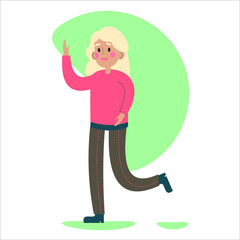 Flat vector illustration with young modern girl. A blonde girl in a coral sweater greets someone. The woman is standing on a white background isolated.