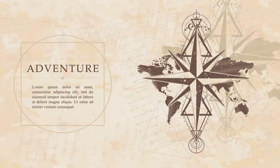 Adventure. Azimuth compass and world map. Renaissance background. Medieval manuscript, engraving art. Symbol of tourism and travel