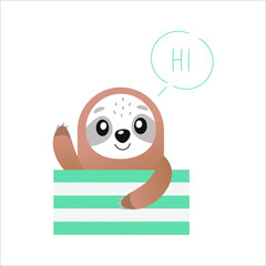 Flat vector illustration with sloth. A cute, cartoon sloth sits in a box and says "Hi!"