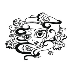 tattoo face of a girl with big eyes and wavy hair among the leaves