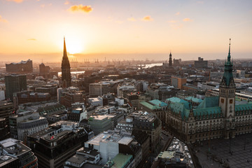 Aerial view of the city centre and town hall, Hamburg, Germany