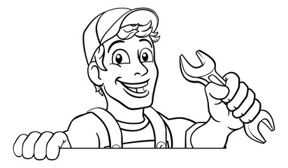 Mechanic plumber maintenance handyman cartoon mascot man holding a wrench or spanner. Peeking over a sign
