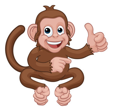 A monkey cute happy cartoon character animal giving a thumbs up and pointing