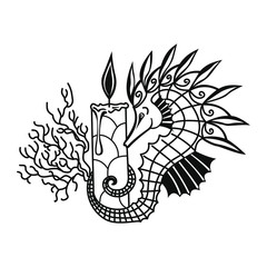 black and white seahorse tattoo, candle and plant on a white background