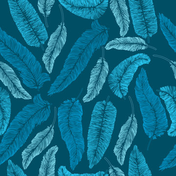 Vector hand drawn seamless pattern with birds fethers silhouette. Ethnic design, boho chic, tribal symbol. Good fabric, textile, wallpaper