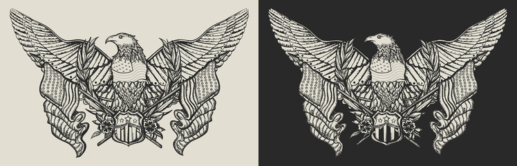USA eagle and crossed American flags. United states concept. Template for clothes, covers, emblems, stickers, poster and t-shirt design. Typography art. Vector illustration