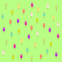 Cute ice cream pattern with pastel green background. Colorful cartoon with assorted ice cream, memphis style for paper wrapping, print, sticker, wallpaper, Summer Decorative. Flat Vector illustration.
