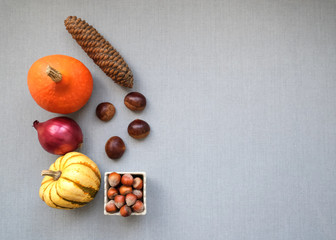 Autumn seasonal minimalist concept, art display mockup, simple seasonal composition, flat lay with copy space