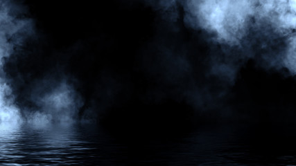 Fog and mist effect on black background. Coastal smoke on the shore. Reflection in water texture overlays. Stock illsutration.