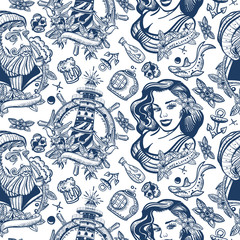 Fototapeta premium Sea adventure vintage seamless pattern. Nautical art. Old school tattoo style. Sea wolf captain, lighthouse and sailor girl