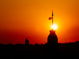 The silhoette of the Maiden's tower on the Asian side of Istanbul during sunset