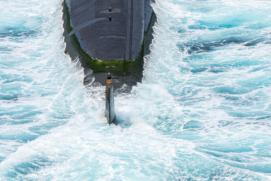 Stern Of The High Technology Nuclear Submarine Of U.S.Navy Above The Sea Surface.