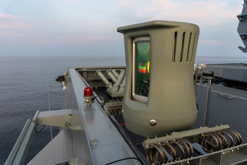 Glide Path Indicator, an electronic device in Helicopter visual landing aids system or HVLA installed on the warship for help the pilot to control the optimal approaching angle to the flight deck © Kamchai