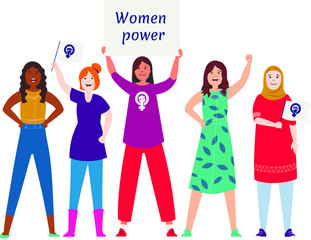 International Womens Day. Vector templates with women different nationalities and cultures. Struggle for freedom, independence, equality.