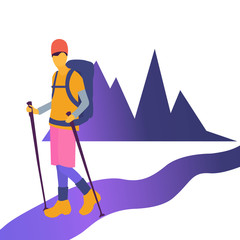 Male characters with trekking poles goes to the mountains. Active men with backpacks hiking, exploring wild nature, trekking. Flat cartoon vector illustration.