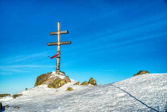 Ďumbier, dumbier is the highest peak of Low Tatras mountains with christian cross on top, Slovakia