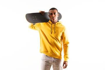 Afro American skater man over isolated white background .