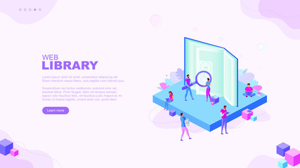 Trendy flat illustration. Web library page concept. People reading books. Education. Knowledge. Science. Digital archive. Template for your design works. Vector graphics.
