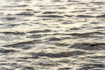 Calm shiny waves at sunset light on a lake surface.
