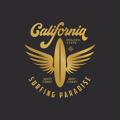 California state t-shirt design with surfboard. Vector illustration.
