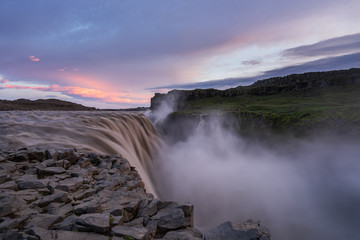 Majestic Dettifoss during blue hour, purple sky, Iceland