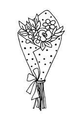 Cute simple bouquet of flowers wrapped with polka dot paper isolated on a white background. Vector hand drawing black outline. For the decor of spring holidays, postcards, March 8, coloring books.
