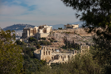 Acropolis Propylaea, Erechtheion and herodium odeon, view from Philopappos Hill. Athens, Greece.