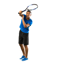 Full-length shot of African American tennis player man over isolated white background