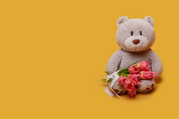 Soft toy bear with a bouquet of pink tulips on a yellow background. Сoncept for Women's Day 