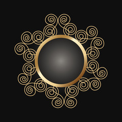 Decorative golden round frame on black background. Luxury mandala in ethnic style. Oriental circular vintage illustration. Arabic, Islamic, moroccan, asian, indian native african motif.