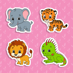 Set of bright color stickers. Orange lion. Green iguana. Orange tiger. Gray elephant. Cute cartoon characters. Vector illustration isolated on color background. Wild animals.